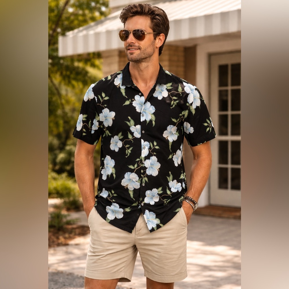 Tori Richard Men’s Black Blue Floral Casual Button Down Shirt L